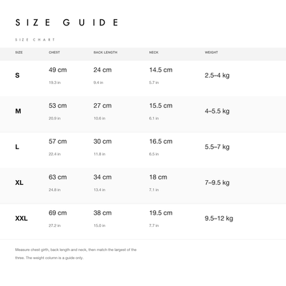 Size chart with chest, back length, neck and weight guide