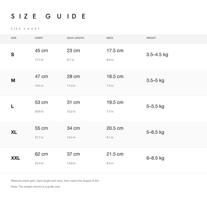 Size chart with chest, back length, neck and weight guide