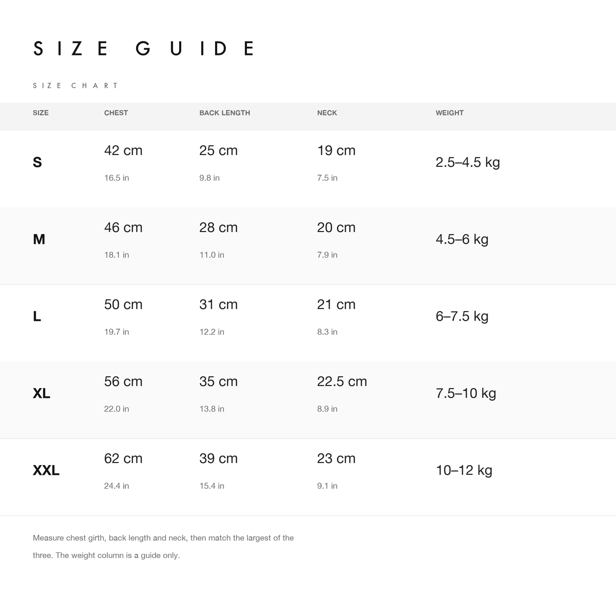 Size chart with chest, back length, neck and weight guide