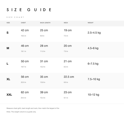 Size chart with chest, back length, neck and weight guide