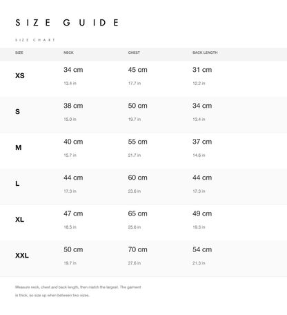 Size chart with neck, chest and back length