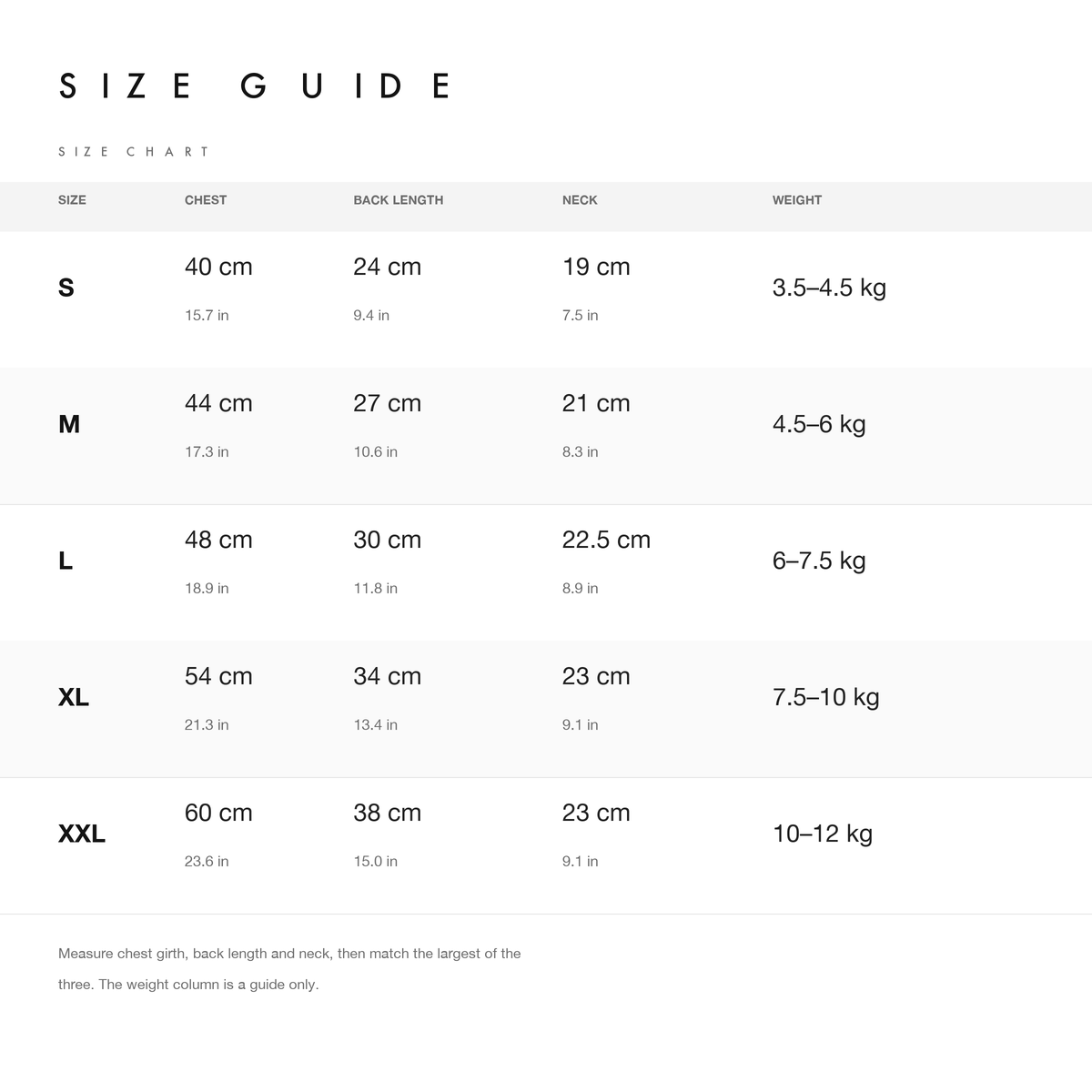 Size chart with chest, back length, neck and weight guide