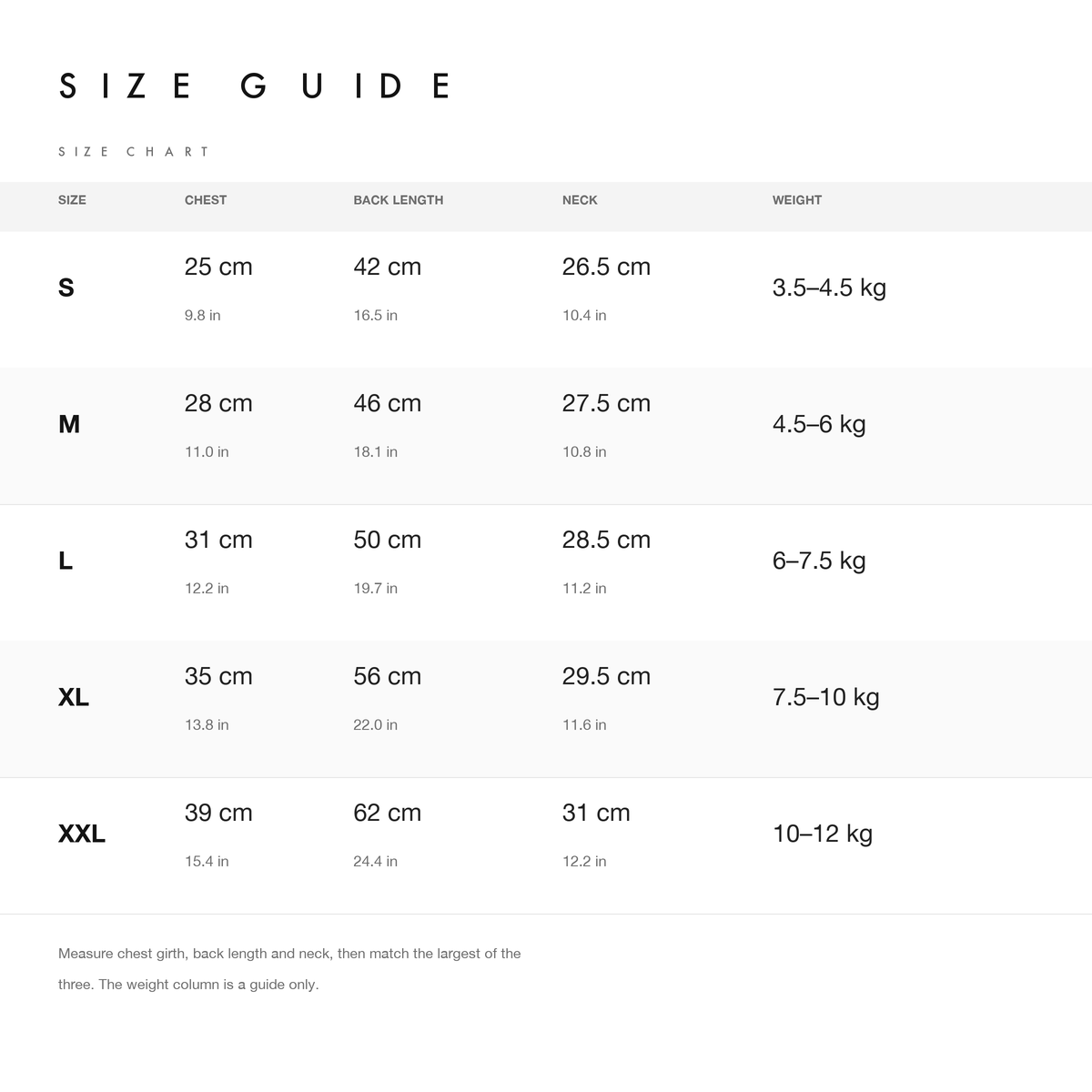 Size chart with chest, back length, neck and weight guide