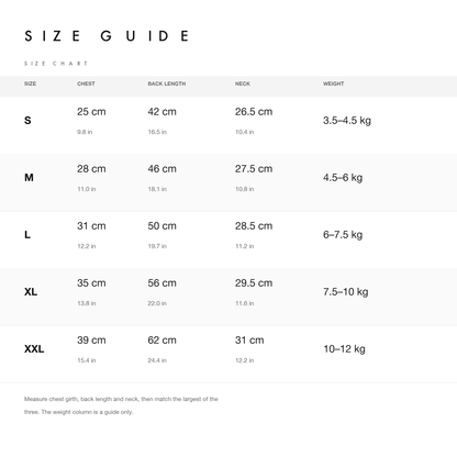 Size chart with chest, back length, neck and weight guide