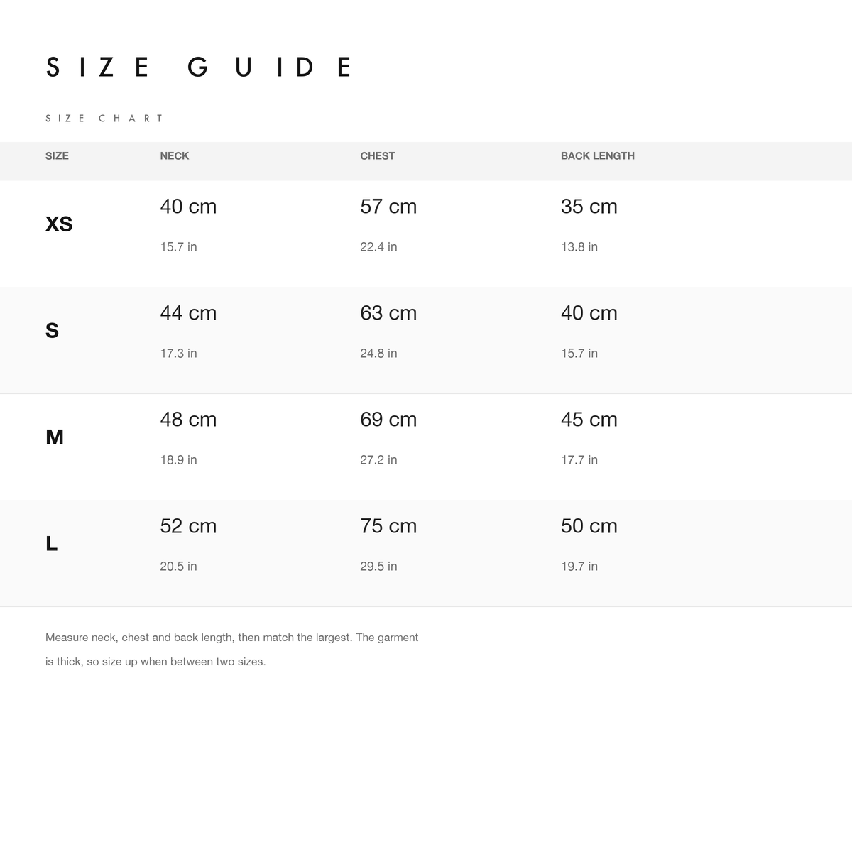 Size chart with neck, chest and back length