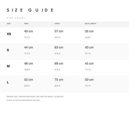 Size chart with neck, chest and back length