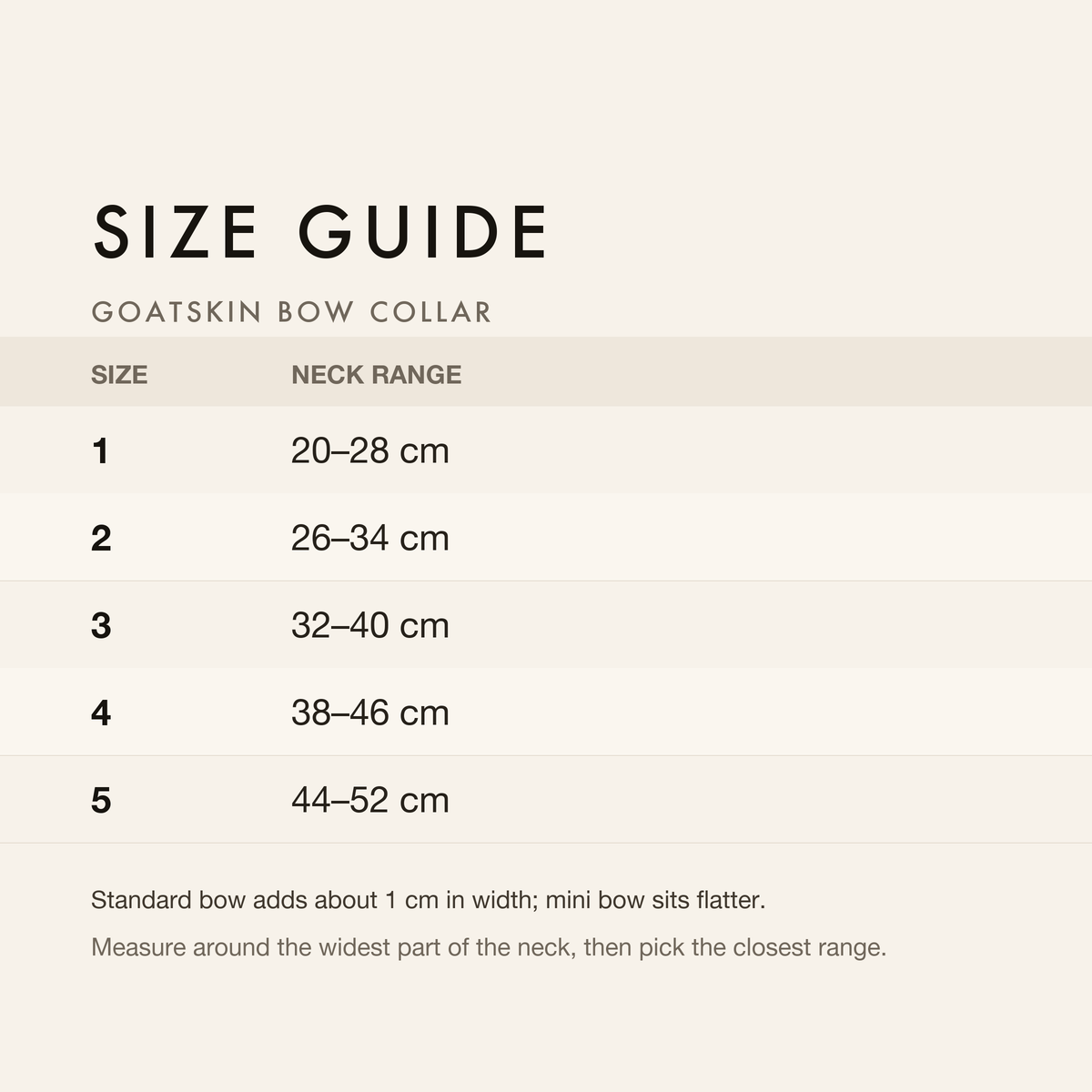 Size guide with neck range in centimetres and inches