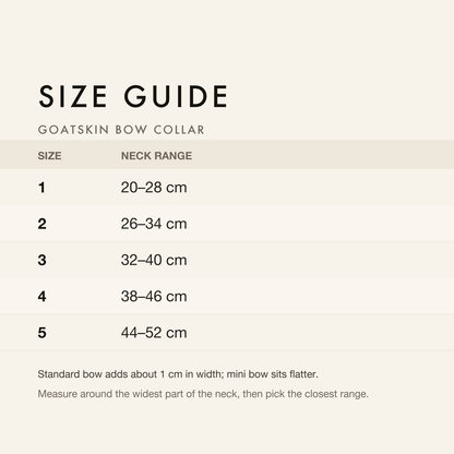 Size guide with neck range in centimetres and inches