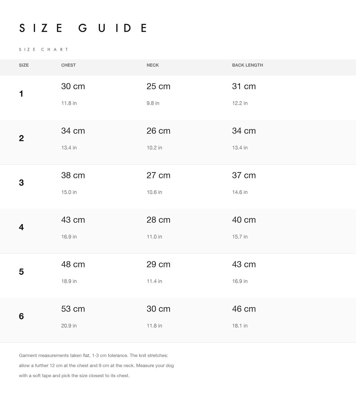 Size chart listing chest, neck and back length in centimetres and inches for sizes 1 to 6