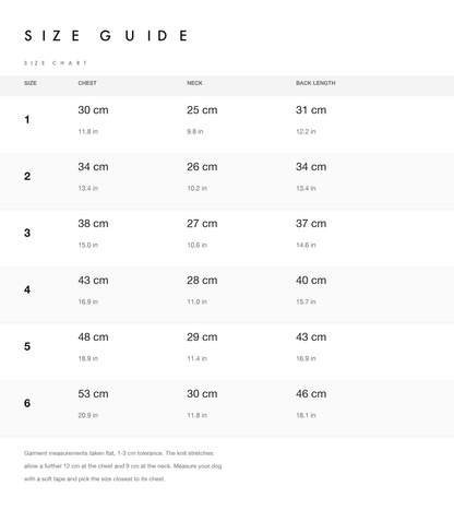 Size chart listing chest, neck and back length in centimetres and inches for sizes 1 to 6