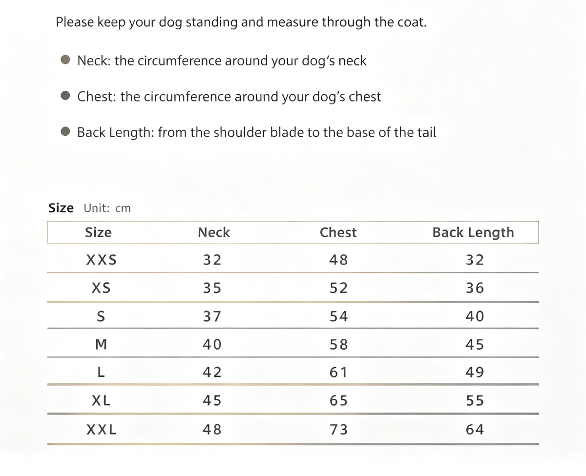 Dog Biker PU Coat — size chart