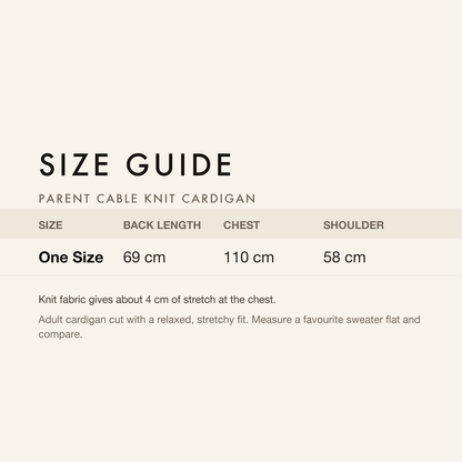 Size guide with neck, chest and back length in centimetres and inches