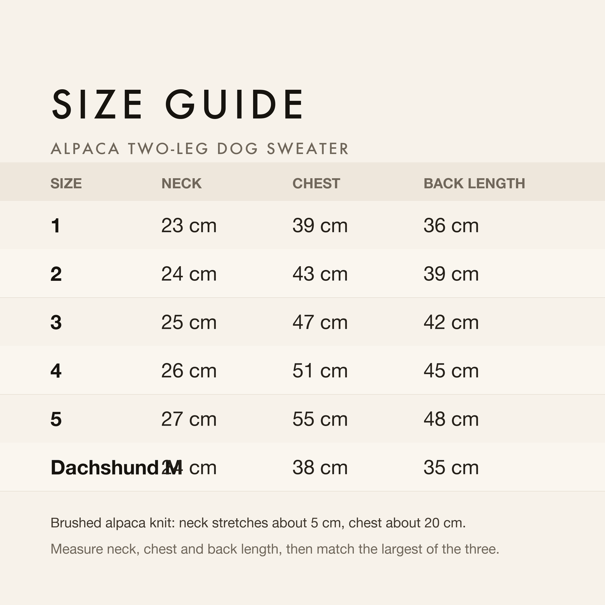 Size guide with neck, chest and back length in centimetres and inches