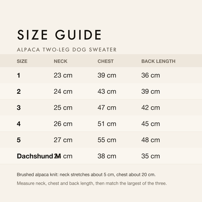Size guide with neck, chest and back length in centimetres and inches