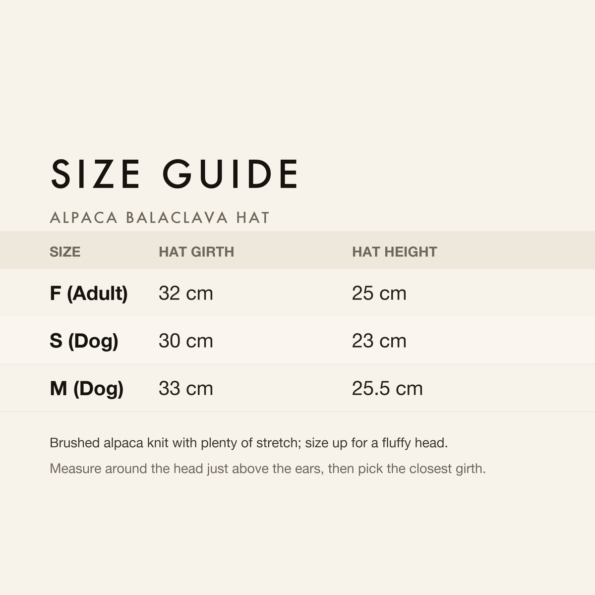 Size guide with hat girth and height for adult and dog sizes