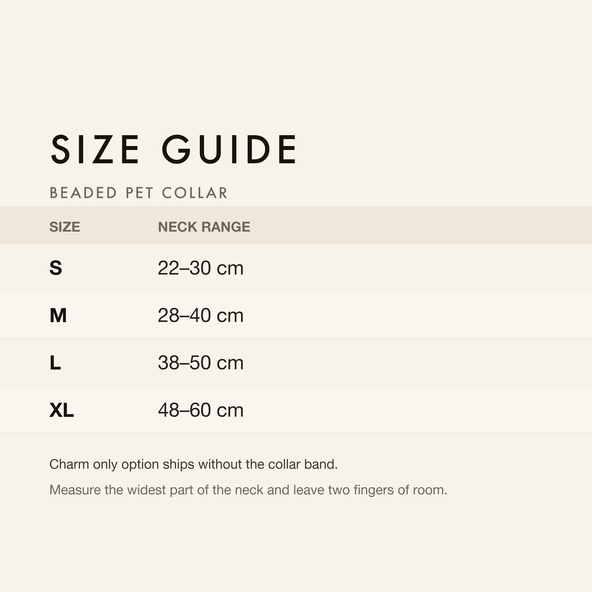 Size guide with neck, chest and back length in centimetres and inches
