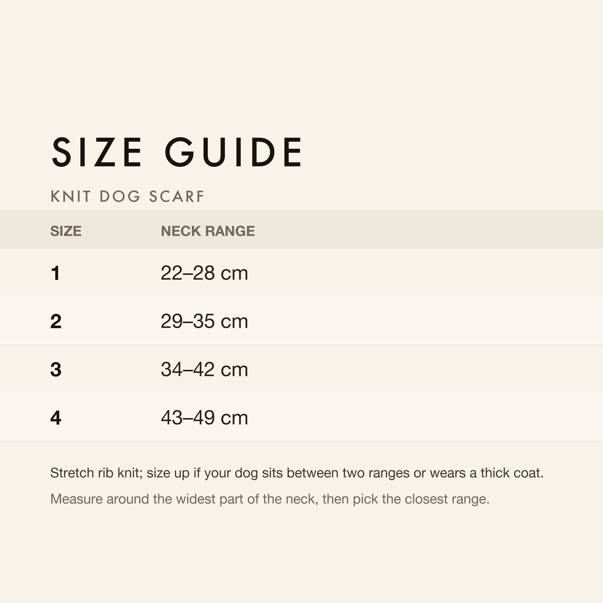 Size guide with neck range in centimetres and inches