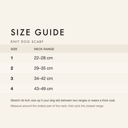 Size guide with neck range in centimetres and inches