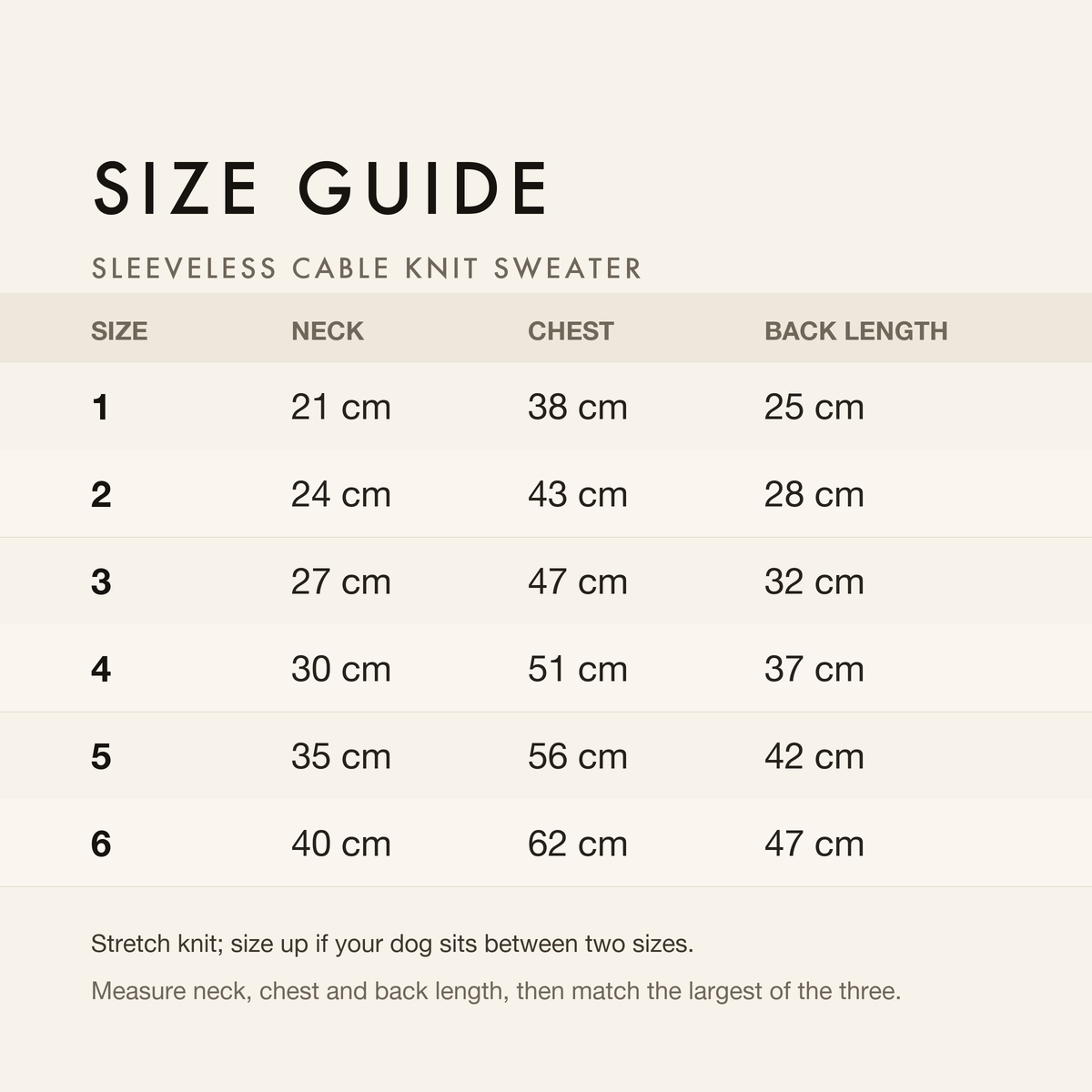 Size guide with neck, chest and back length in centimetres and inches