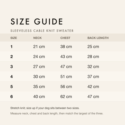 Size guide with neck, chest and back length in centimetres and inches