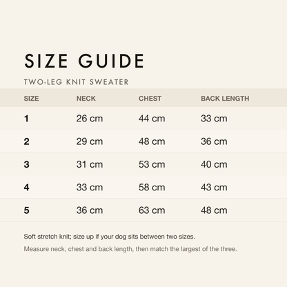 Size guide with neck, chest and back length in centimetres and inches