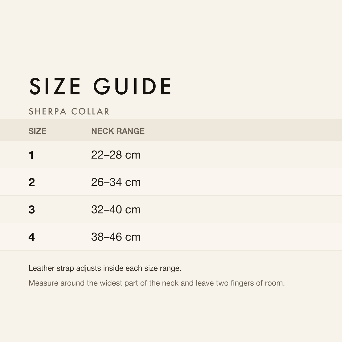 Size guide with neck range in centimetres and inches