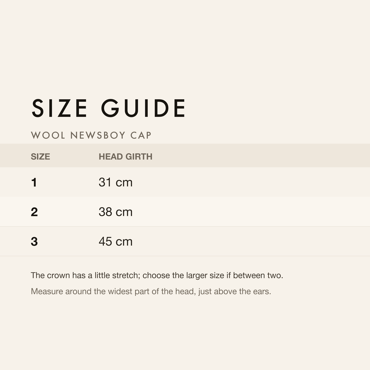 Size guide with head girth in centimetres and inches