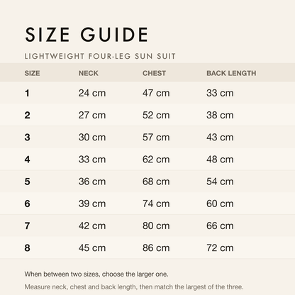 Size guide with neck, chest and back length in centimetres and inches