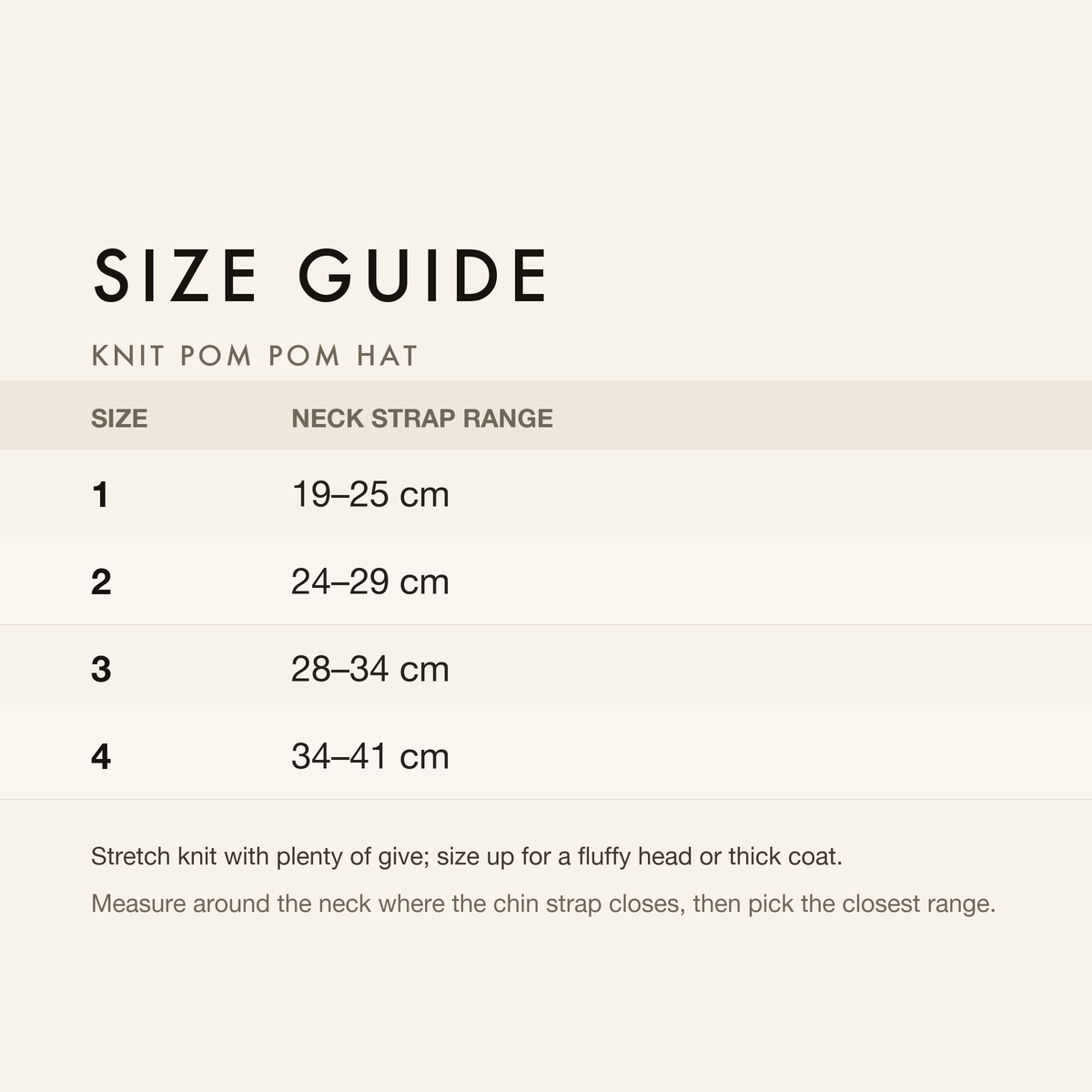 Size guide with neck strap range in centimetres and inches
