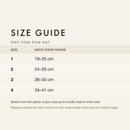 Size guide with neck strap range in centimetres and inches