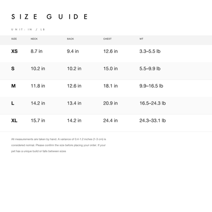 Size chart — measurements for LAZY EAZY Pet Striped Athletic Sweater
