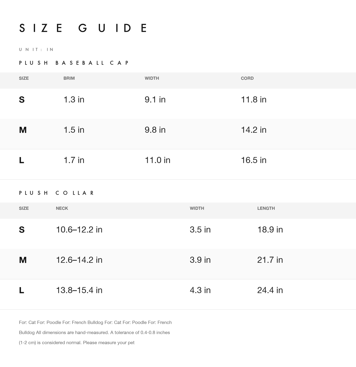 Size chart — measurements for LAZY EAZY Plush Baseball Cap & Neck Warmer Set