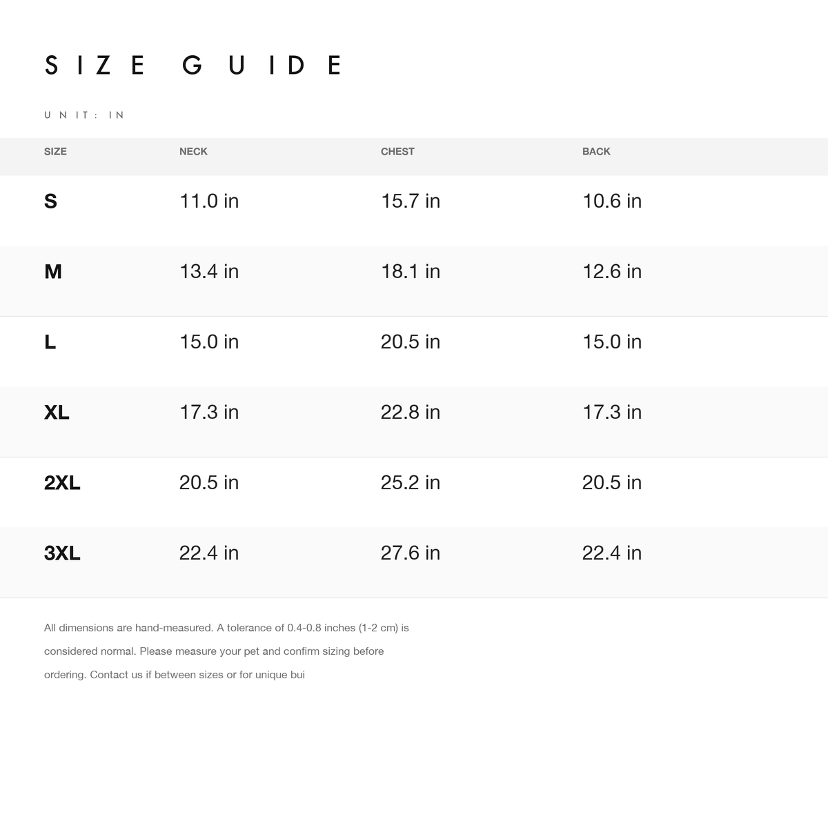 Size chart — measurements for JIUSO Cozy Thick Wool Pet Sweater