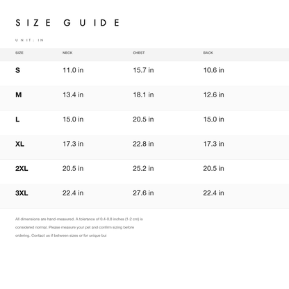 Size chart — measurements for JIUSO Cozy Thick Wool Pet Sweater