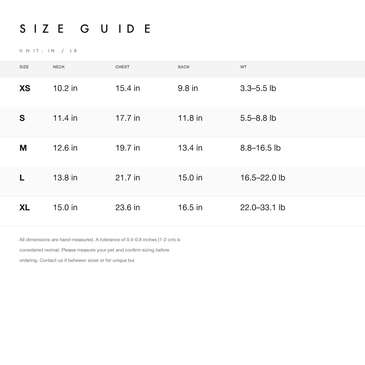 Size chart — measurements for Snuggsoul Matching Lace-Trim Pet Pumpkin Pants