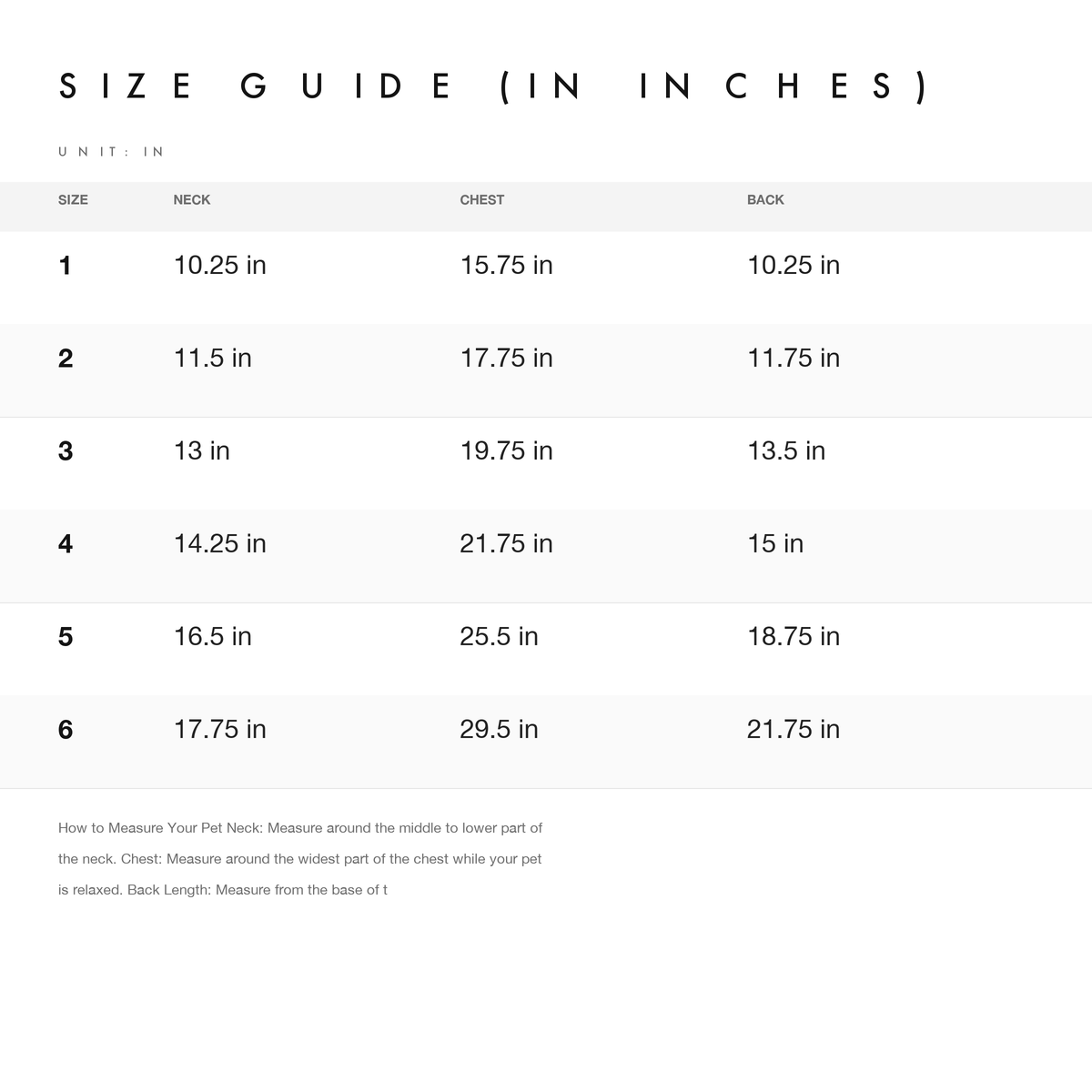 Size chart — measurements for Rawo Air Layer Pet Polo Shirt