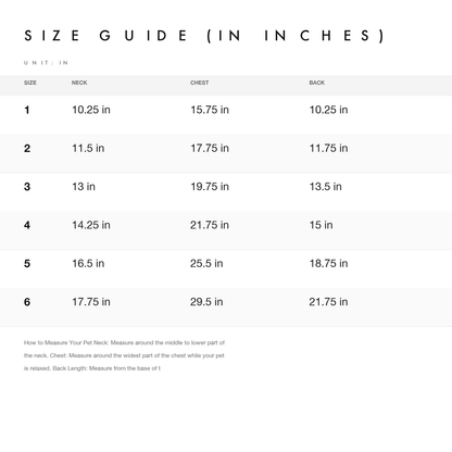 Size chart — measurements for Rawo Air Layer Pet Polo Shirt