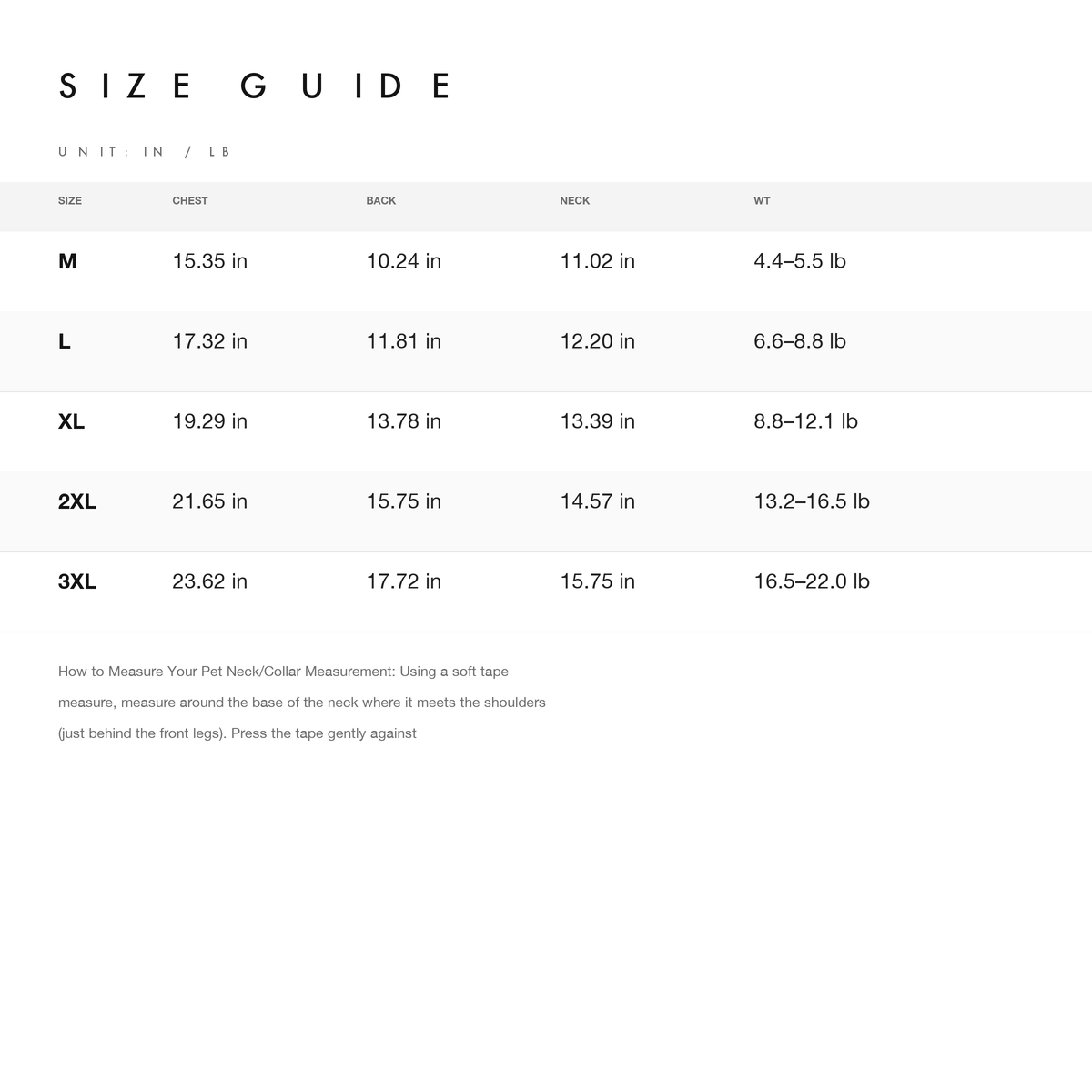 Size chart — measurements for Meow BuBu Winter Pet Coat or Shawl
