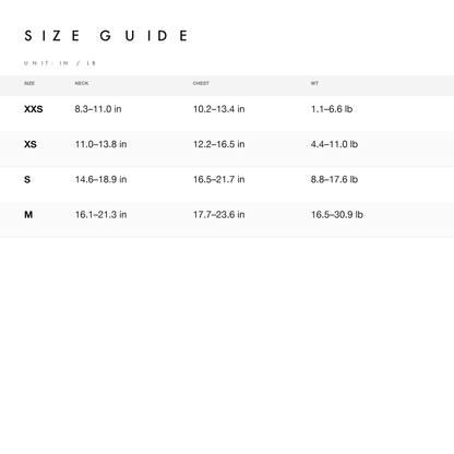 Size chart — measurements for puppytie Easy-On Dog Harness Vest
