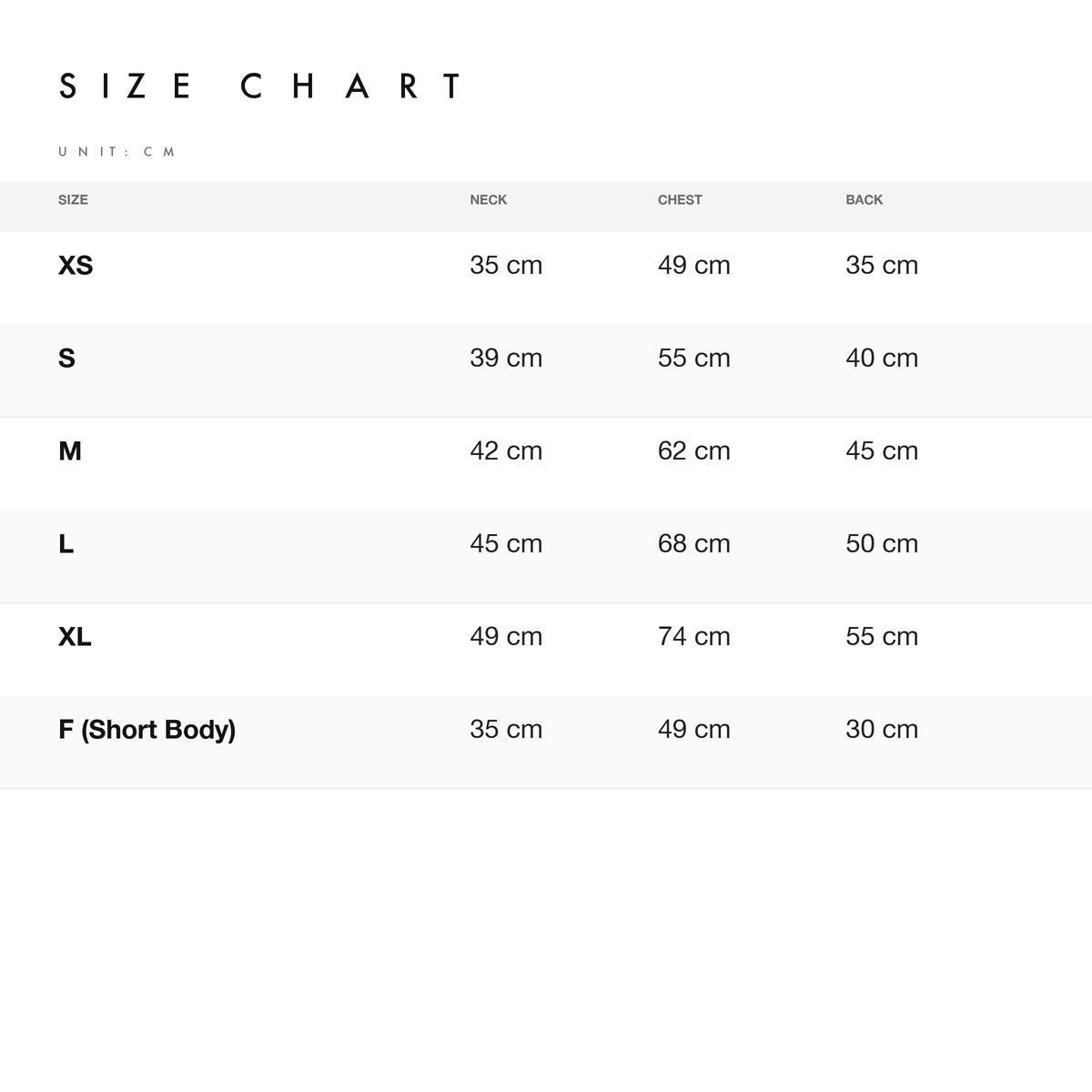 Size chart — measurements for FinFin Reversible Pet Down Jacket