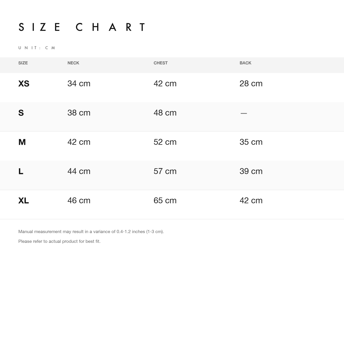 Size chart — measurements for FinFin Lake 2.0 Water-Repellent Cooling Vest