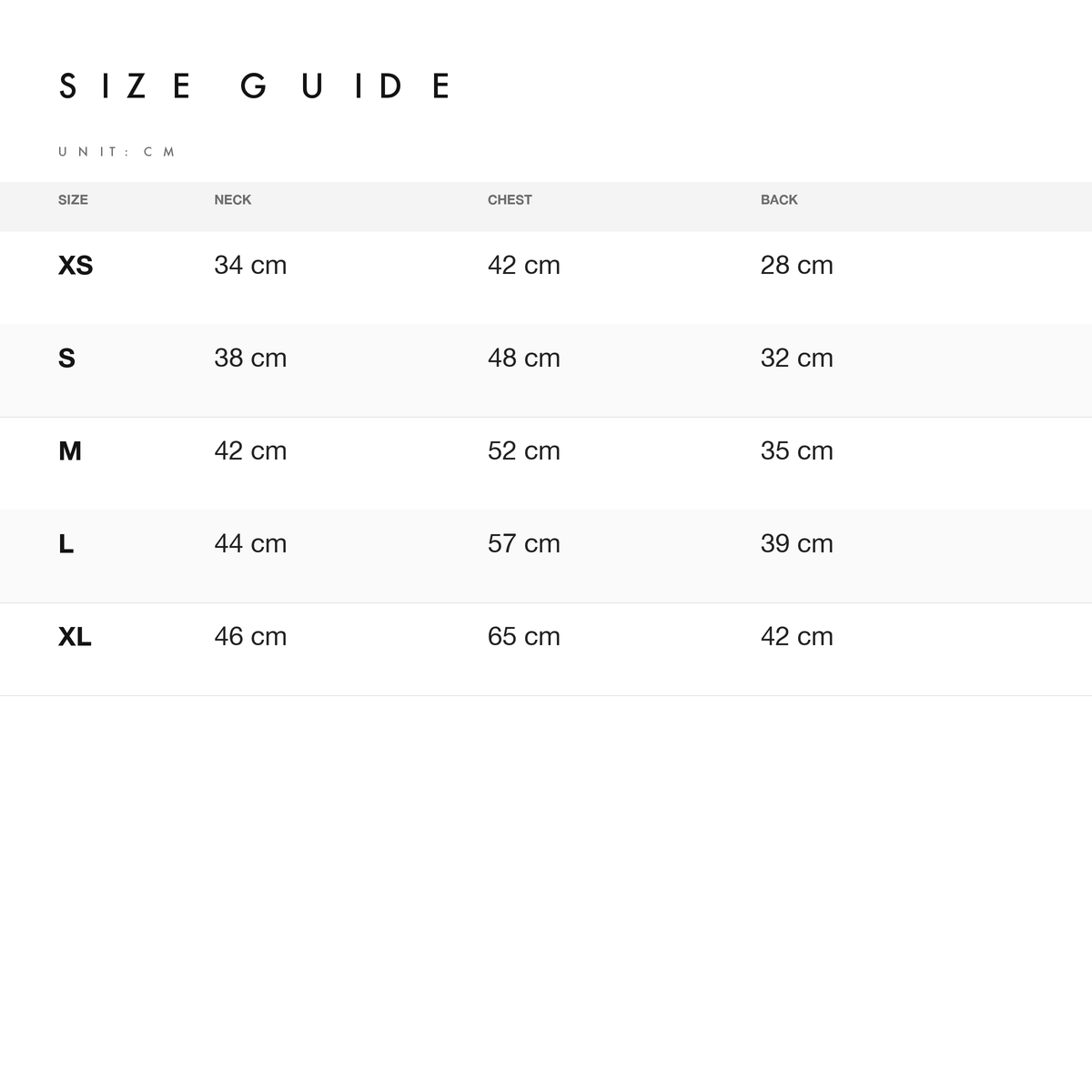 Size chart — measurements for Urban Utility Dog Vest