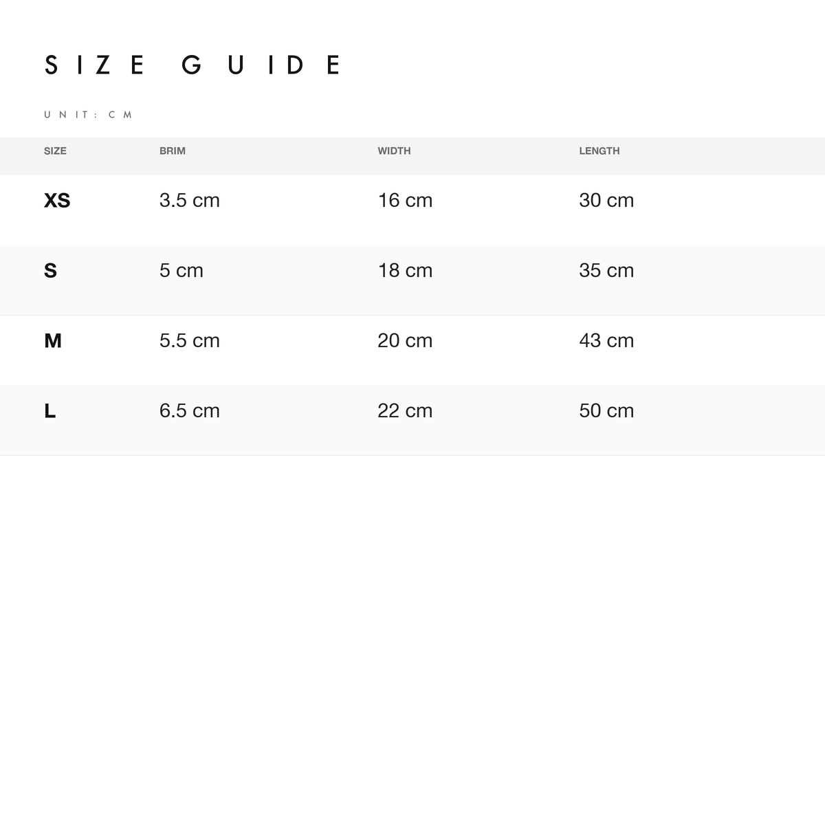 Size chart — measurements for Cooling Dog Sun Hat
