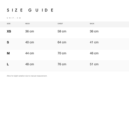 Size chart — measurements for Reversible Fleece and Corduroy Dog Onesie