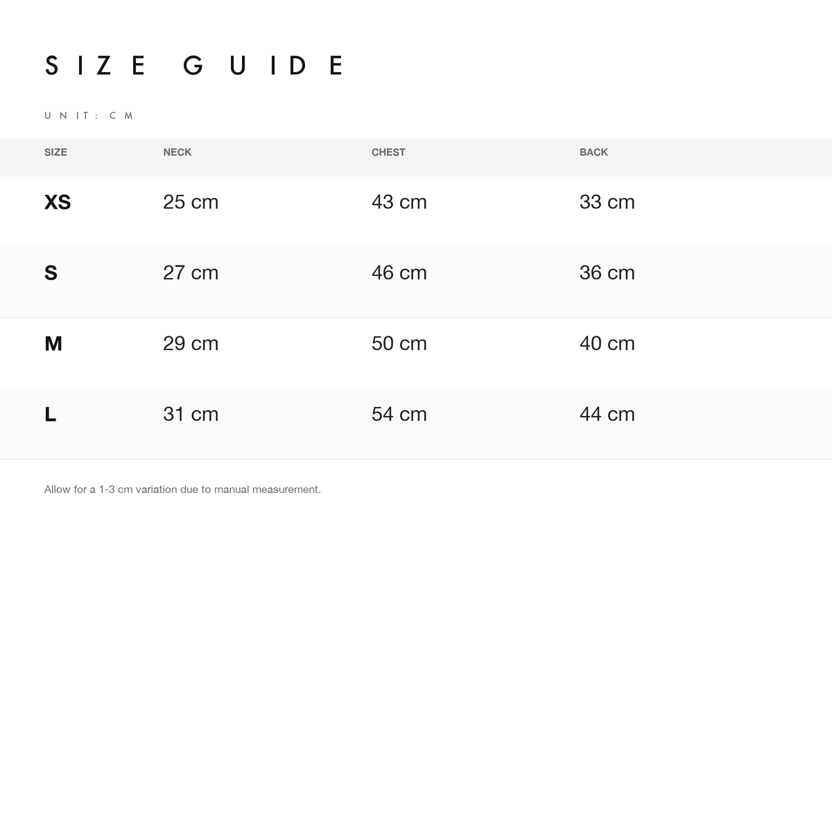 Size chart — measurements for Cotton Corduroy Dog Jacket with Floral Lining