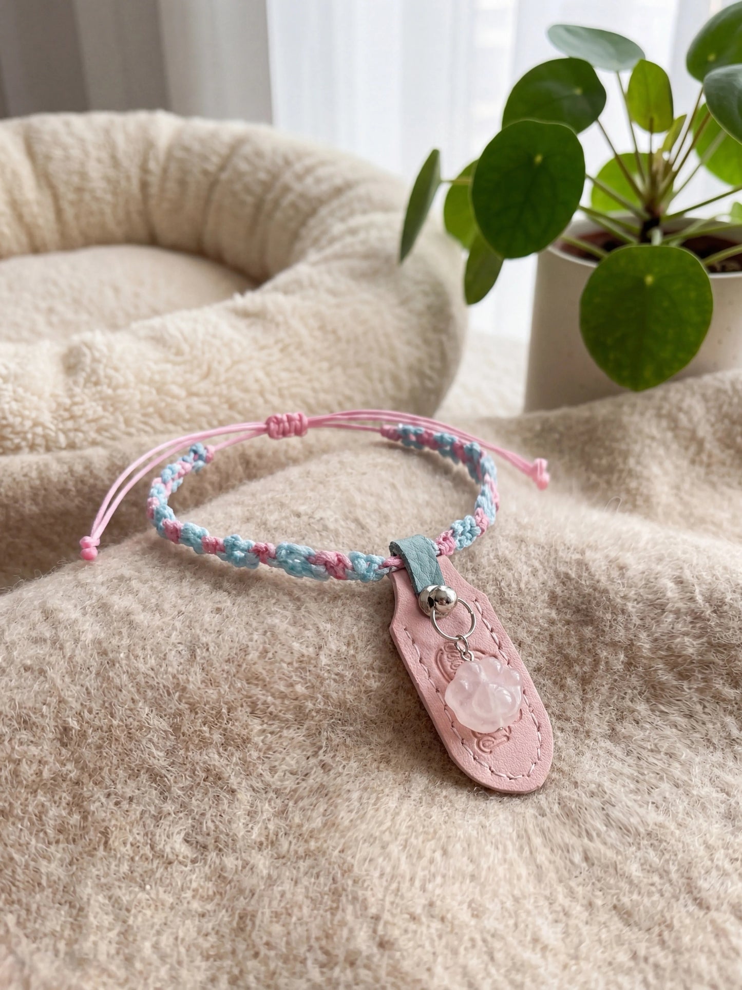 Handwoven Rose Quartz Pet Necklace Collar