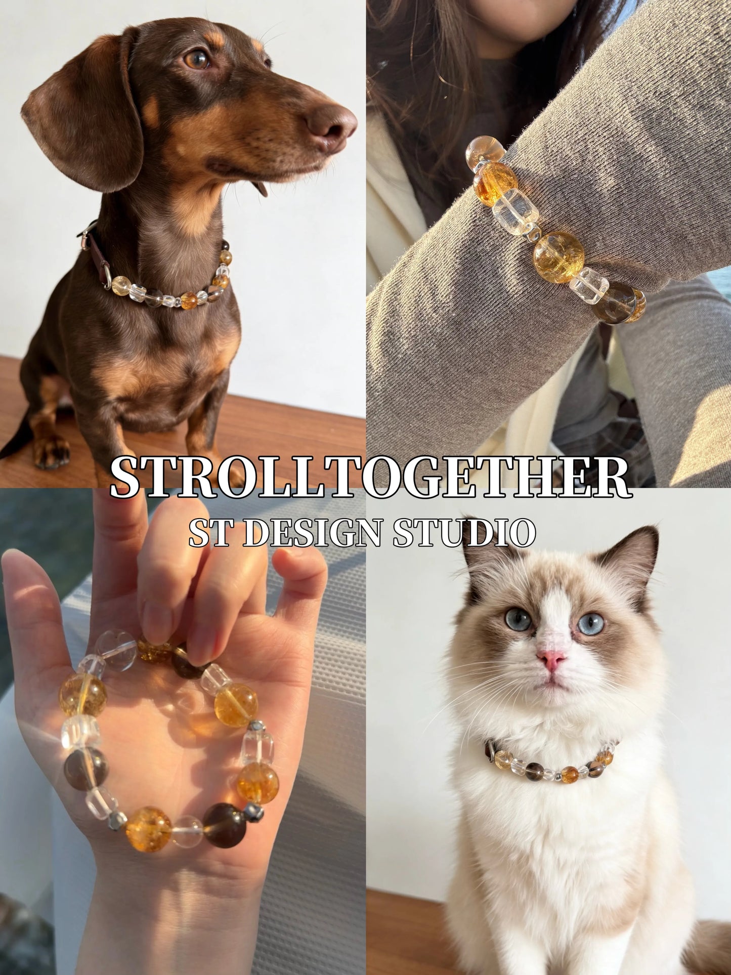 Leather Crystal Pet Necklace and Owner Bracelet Set