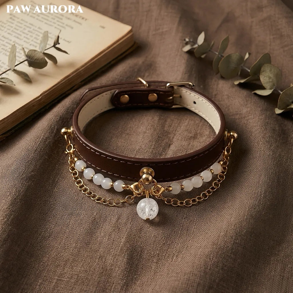 Personalized White Agate Leather Pet Collar