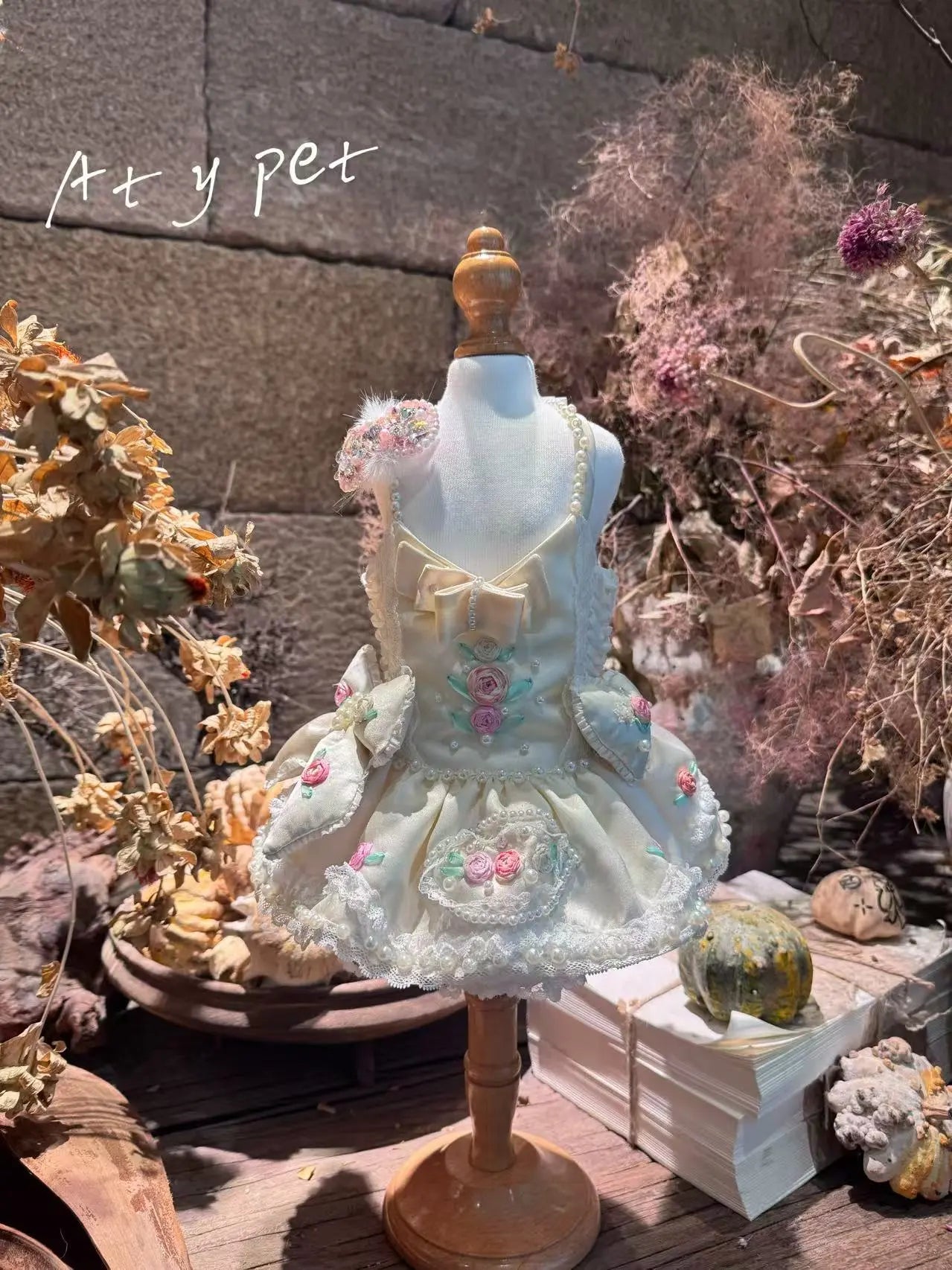 Cream White Embroidered Ribbon Dog Sundress